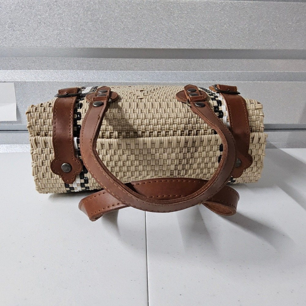 Handmade Woven Straw Handbag Purse Top Handle Satchel Bag Beige Brown Medium MX - Picture 5 of 14